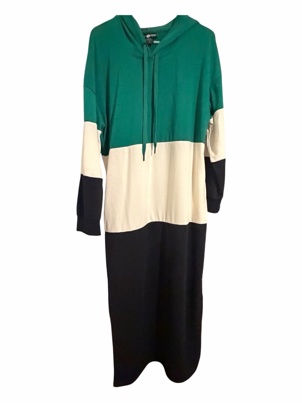 Ashley Stewart Green, Cream & Black Hooded Colorblock Maxi Dress